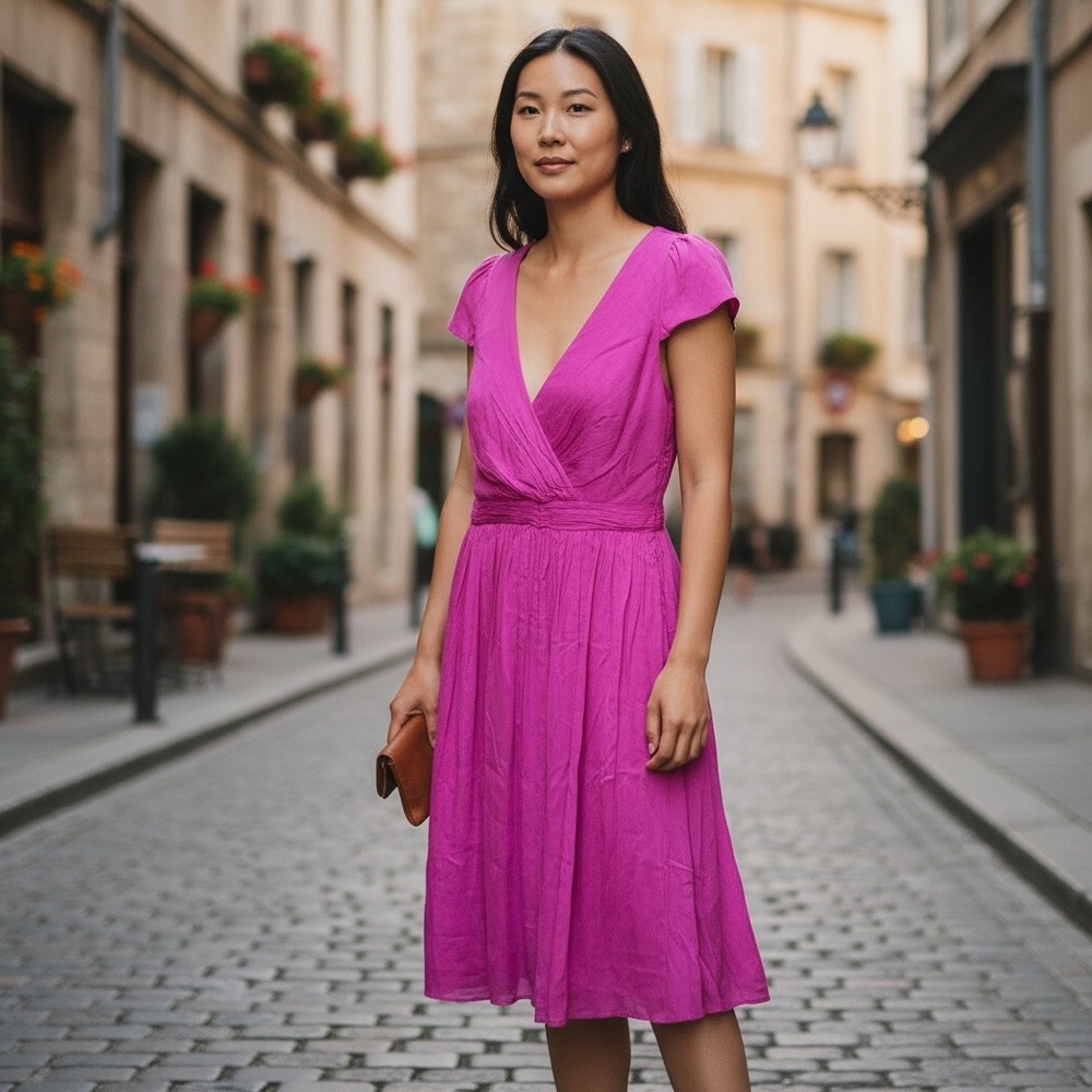J.Crew Mirabelle Dress Magenta Chiffon Silk V-Neck Cap Sleeve Barbiecore Size 12